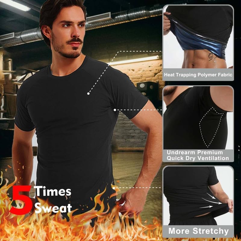 FEVOHOT Sauna Shirt for Men Short Sleeve Compression Sweat Suit Loss Body Shaper T-Shirt Heat Trapping Workout Gym Exercise - Image 3